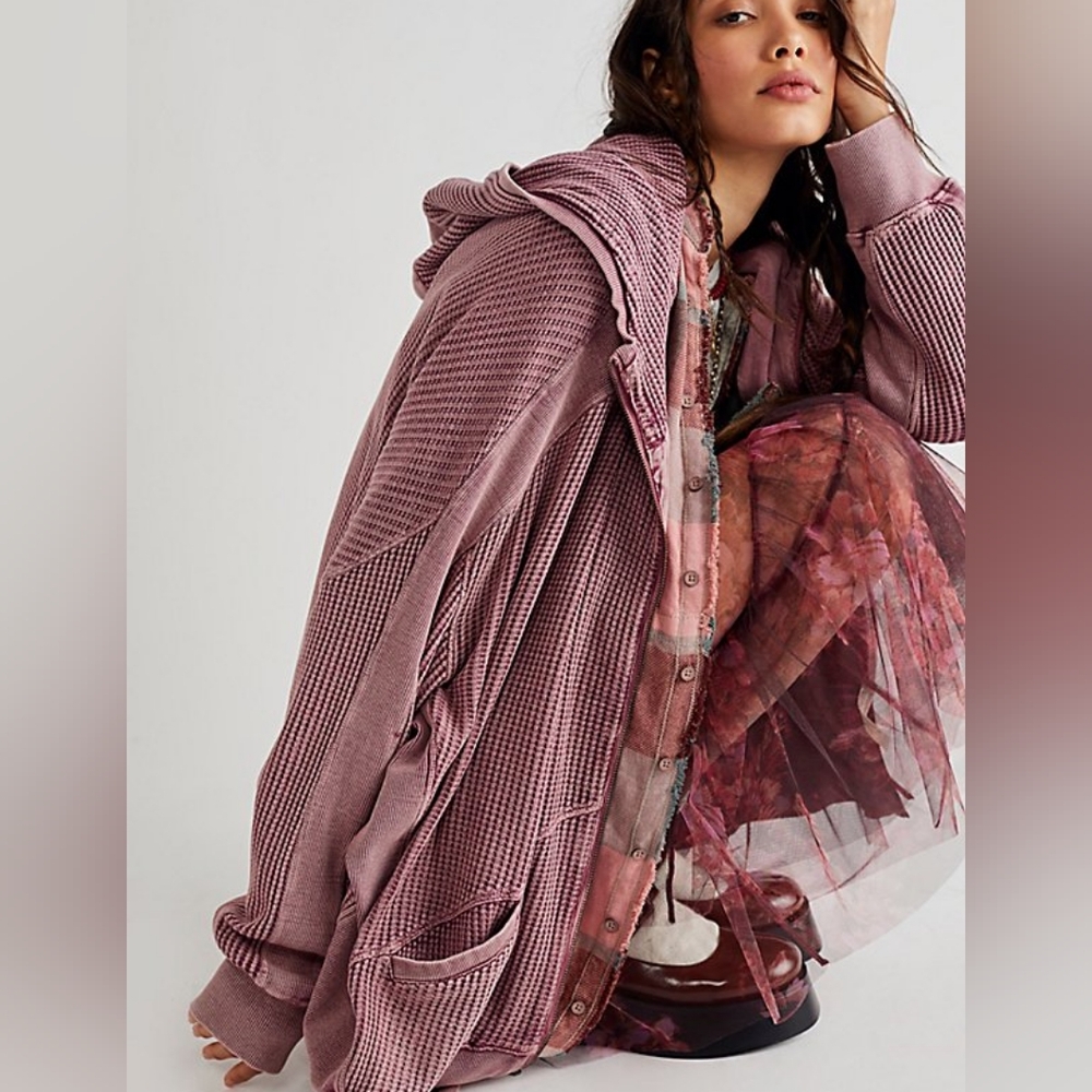 FP One Ash Hoodie Waffle Mauve Hooded Cardigan